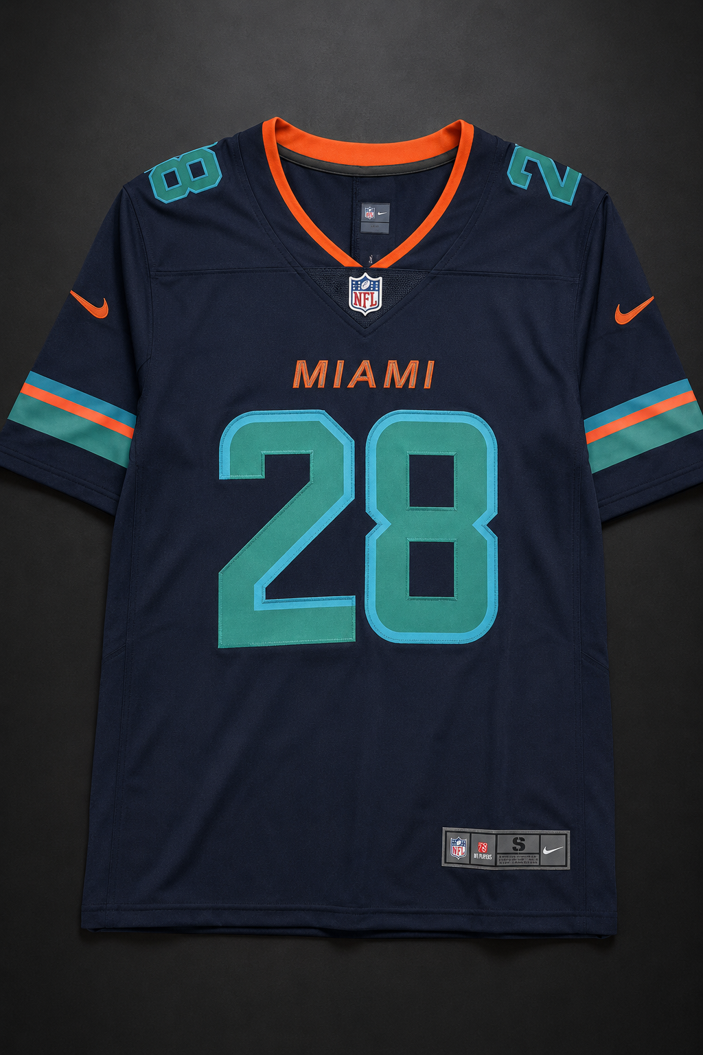 Camisa Miami Dolphins NFL – Achane #28 Azul-Marinho